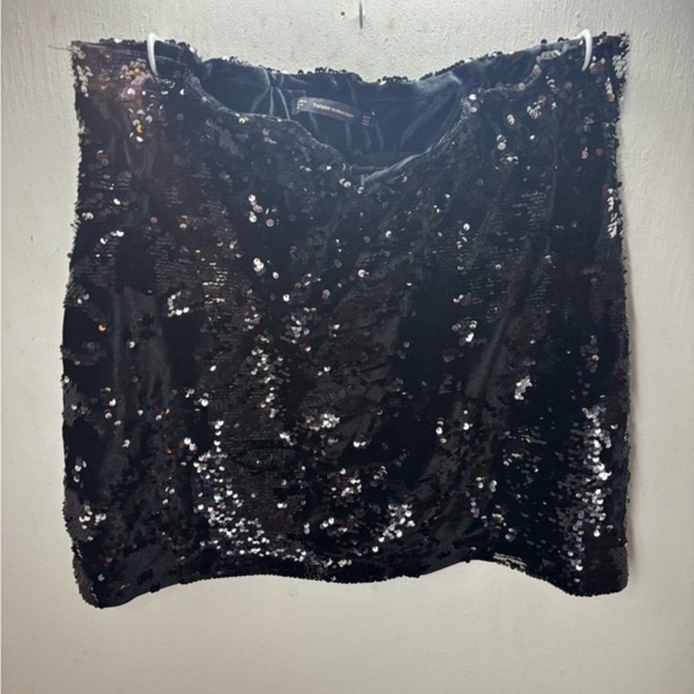 Zara Velour Sequin Mini Skirt with Elastic Ruched Waist size Large